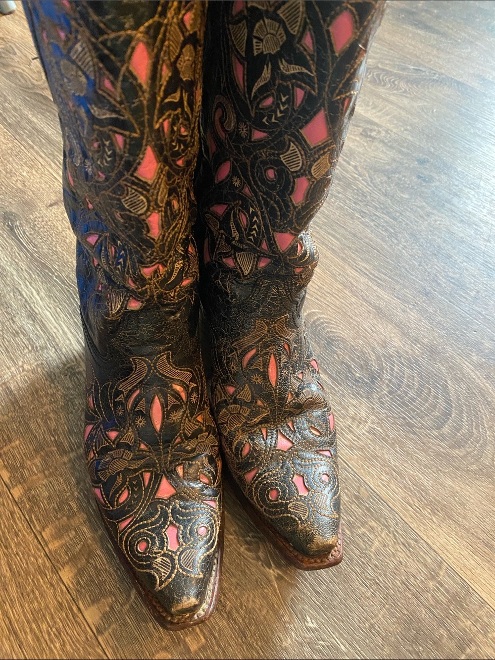 Women's Black Leather Cowboy Boots with Pink Embroidered Insets - Picture 11 of 16